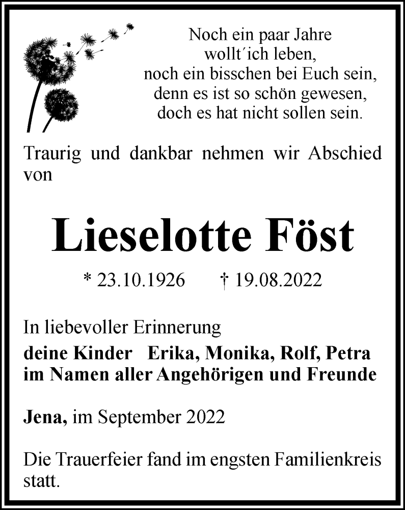  Traueranzeige für Lieselotte Föst vom 21.09.2022 aus Ostthüringer Zeitung, Thüringische Landeszeitung