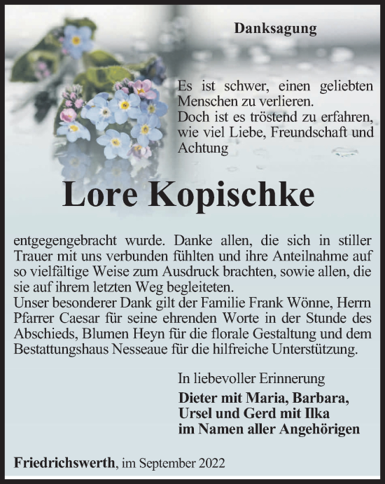 Traueranzeige von Lore Kopischke von Thüringer Allgemeine, Thüringische Landeszeitung