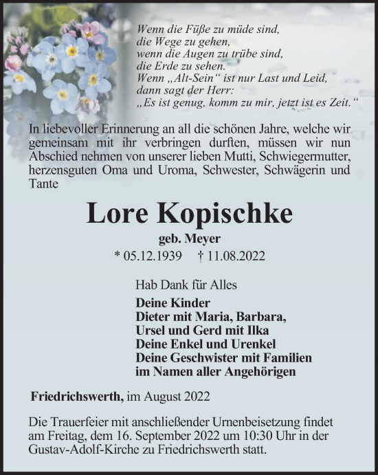 Traueranzeige von Lore Kopischke von Thüringer Allgemeine, Thüringische Landeszeitung