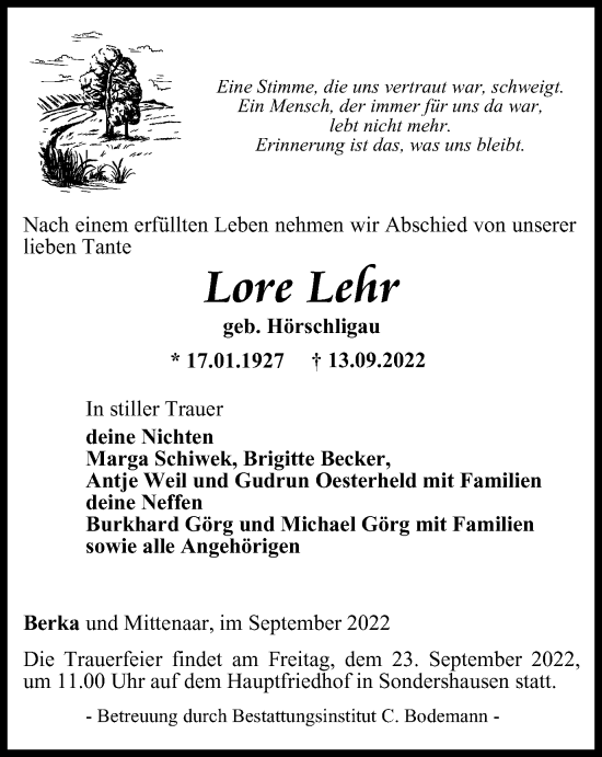 Traueranzeige von Lore Lehr