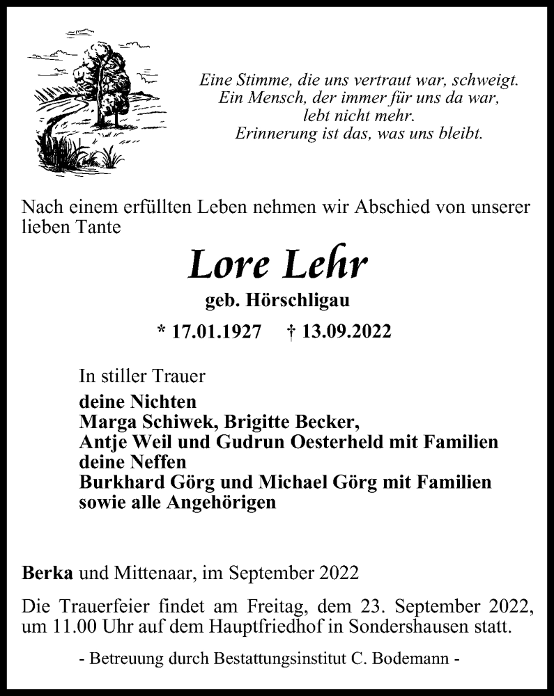  Traueranzeige für Lore Lehr vom 17.09.2022 aus Thüringer Allgemeine