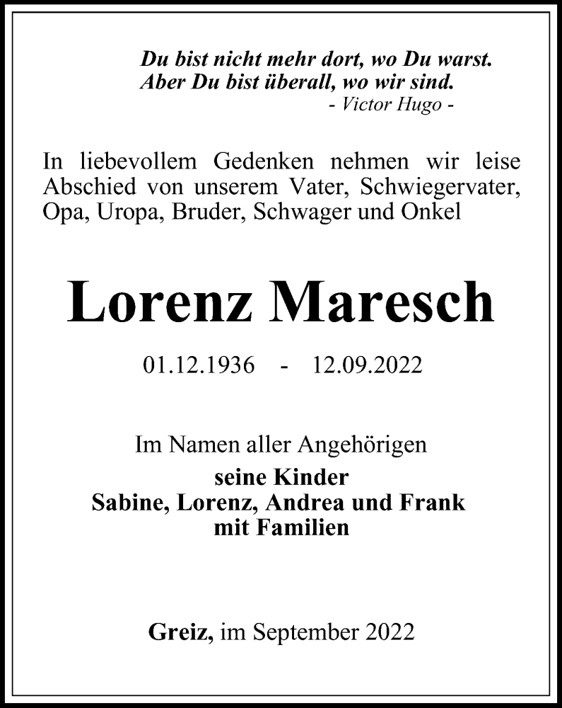  Traueranzeige für Lorenz Maresch vom 16.09.2022 aus Ostthüringer Zeitung