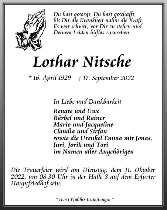Traueranzeige von Lothar Nitsche von Thüringer Allgemeine, Thüringische Landeszeitung