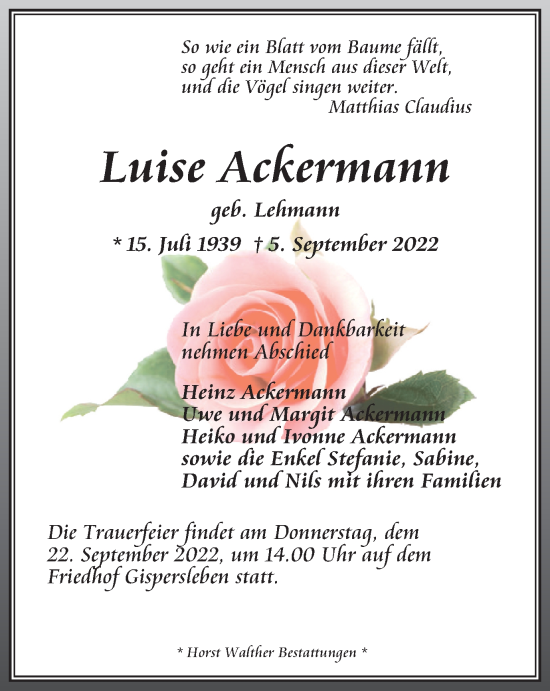 Traueranzeige von Luise Ackermann von Thüringer Allgemeine, Thüringische Landeszeitung