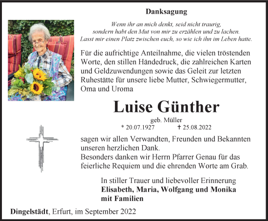 Traueranzeige von Luise Günther von Thüringer Allgemeine