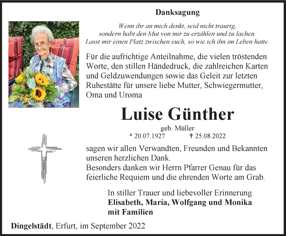  Traueranzeige für Luise Günther vom 24.09.2022 aus Thüringer Allgemeine
