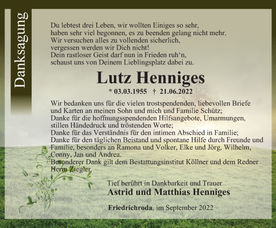 Traueranzeige von Lutz Henniges von Thüringer Allgemeine, Thüringische Landeszeitung