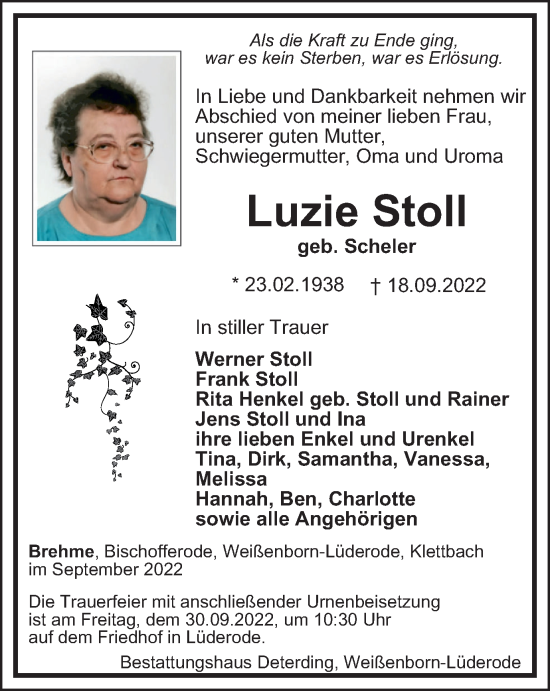 Traueranzeige von Luzie Stoll von Thüringer Allgemeine