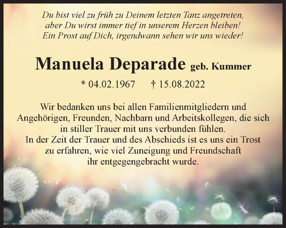  Traueranzeige für Manuela Deparade vom 17.09.2022 aus Ostthüringer Zeitung