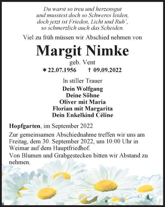 Traueranzeige von Margit Nimke von Thüringer Allgemeine, Thüringische Landeszeitung
