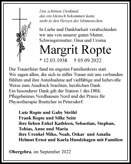 Traueranzeige von Margrit Ropte von Thüringer Allgemeine