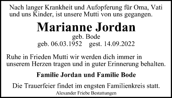 Traueranzeige von Marianne Jordan