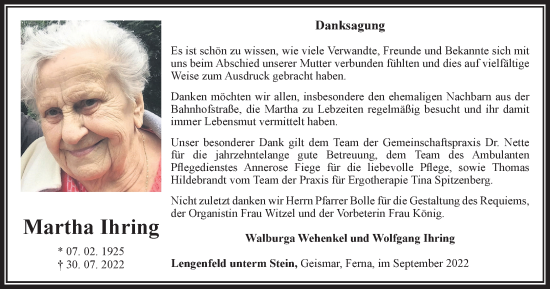 Traueranzeige von Martha Ihring von Thüringer Allgemeine