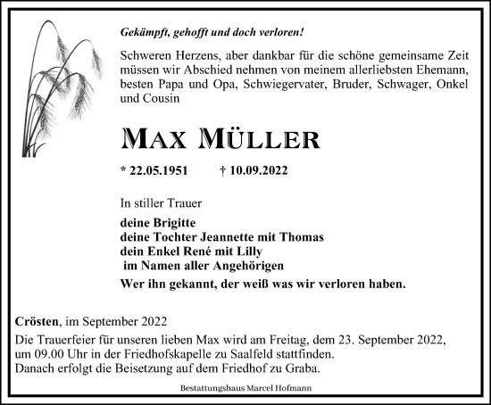 Traueranzeige von Max Müller