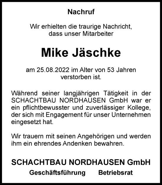 Traueranzeige von Mike Jäschke von Thüringer Allgemeine