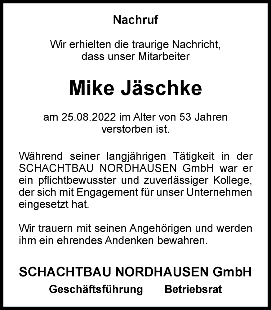  Traueranzeige für Mike Jäschke vom 17.09.2022 aus Thüringer Allgemeine