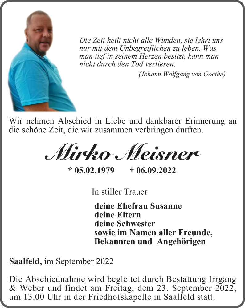  Traueranzeige für Mirko Meisner vom 17.09.2022 aus Ostthüringer Zeitung
