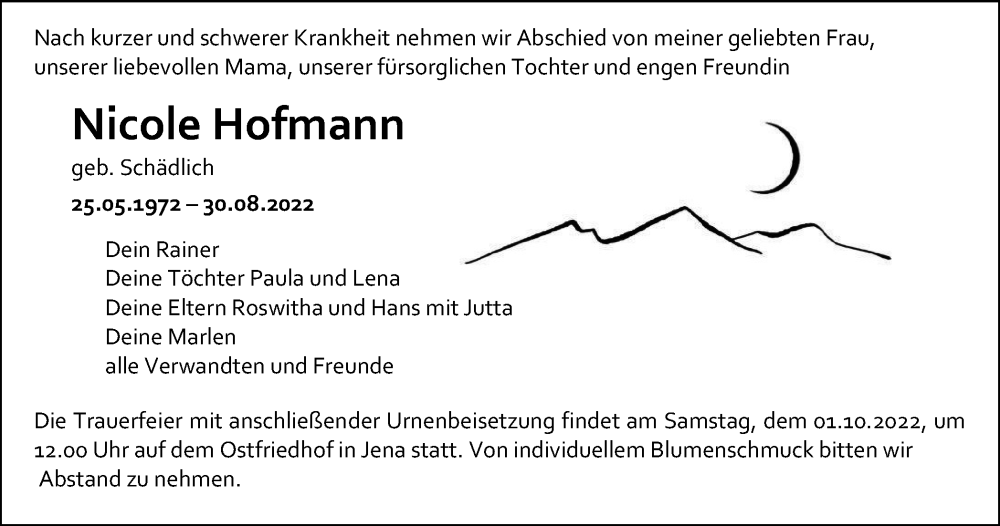  Traueranzeige für Nicole Hofmann vom 24.09.2022 aus Ostthüringer Zeitung, Thüringische Landeszeitung