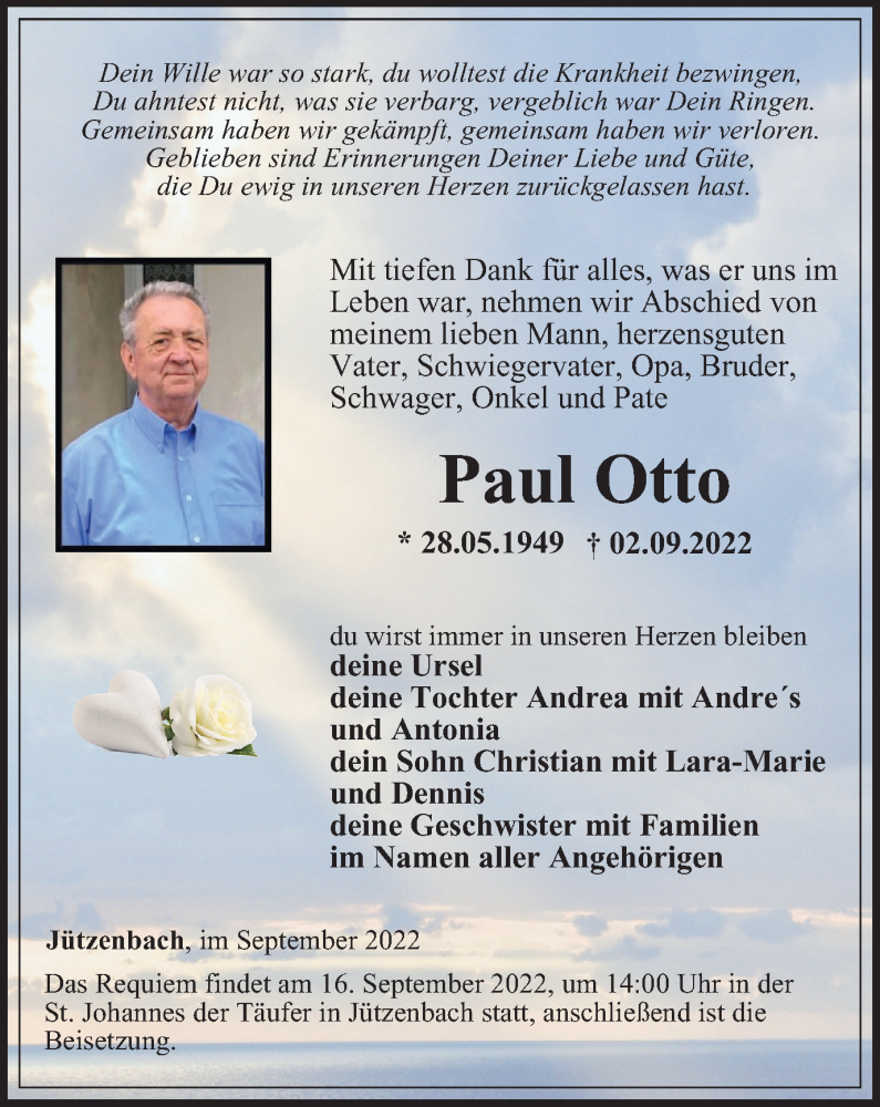  Traueranzeige für Paul Otto vom 14.09.2022 aus Thüringer Allgemeine