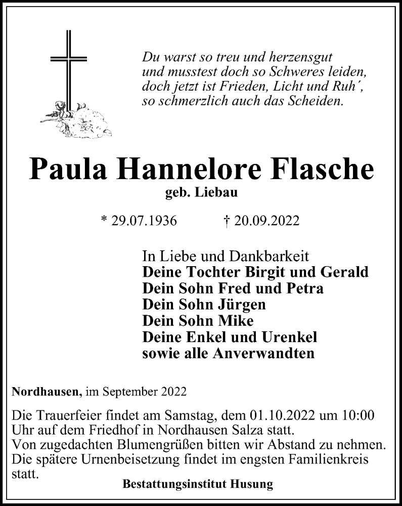  Traueranzeige für Paula Hannelore Flasche vom 24.09.2022 aus Thüringer Allgemeine