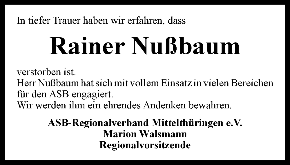 Traueranzeige für Rainer Nußbaum vom 17.09.2022 aus Thüringer Allgemeine, Thüringische Landeszeitung