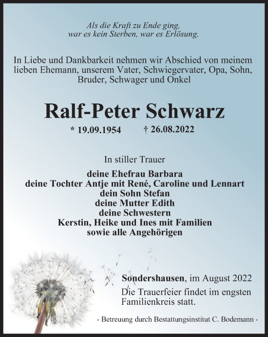 Traueranzeige von Ralf-Peter Schwarz