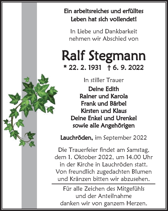 Traueranzeige von Ralf Stegmann von Thüringer Allgemeine, Thüringische Landeszeitung