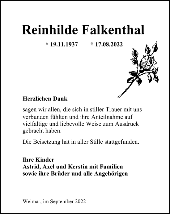 Traueranzeige von Reinhilde Falkenthal von Thüringer Allgemeine, Thüringische Landeszeitung