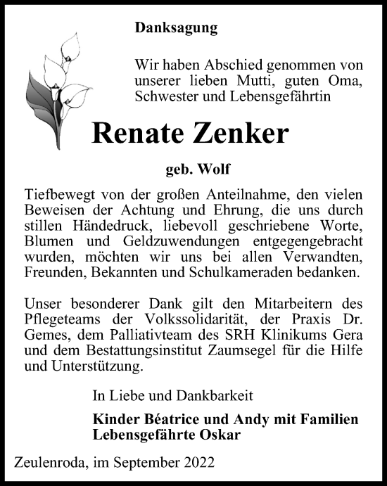 Traueranzeige von Renate Zenker von Ostthüringer Zeitung