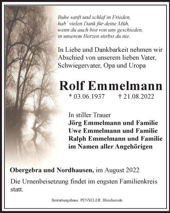 Traueranzeige von Rolf Emmelmann von Thüringer Allgemeine