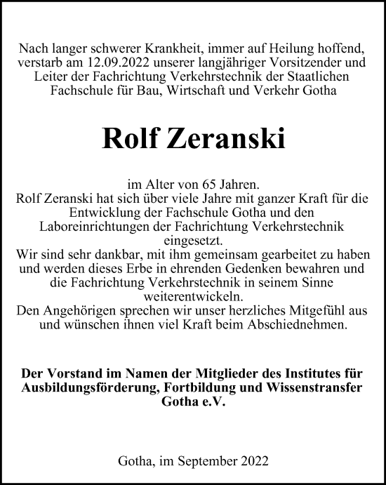 Traueranzeige von Rolf Zeranski von Thüringer Allgemeine, Thüringische Landeszeitung