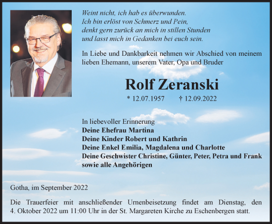 Traueranzeige von Rolf Zeranski von Thüringer Allgemeine, Thüringische Landeszeitung