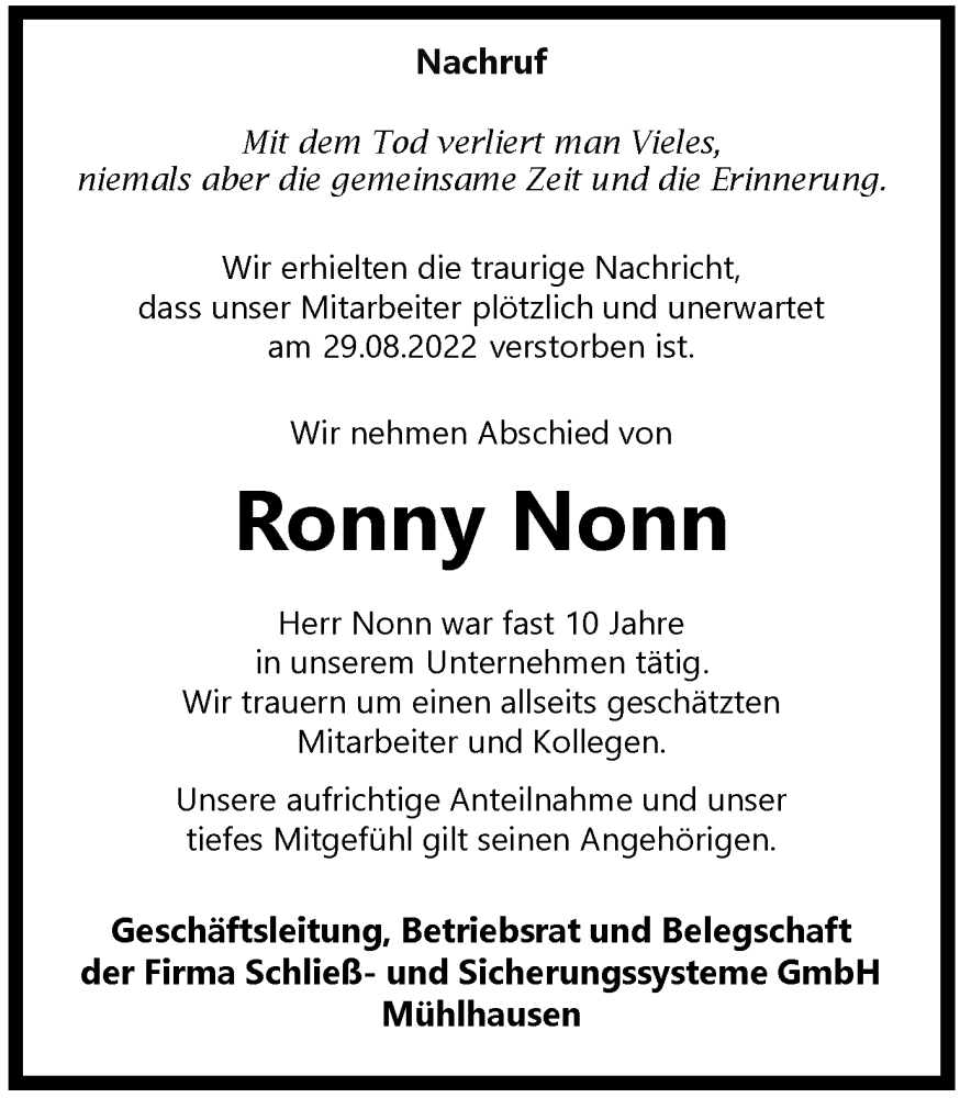  Traueranzeige für Ronny Nonn vom 15.09.2022 aus Thüringer Allgemeine, Thüringische Landeszeitung