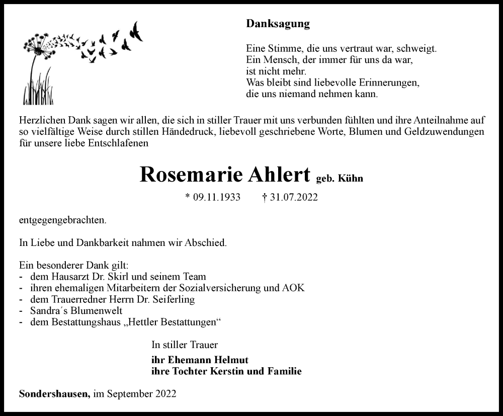  Traueranzeige für Rosemarie Ahlert vom 17.09.2022 aus Thüringer Allgemeine