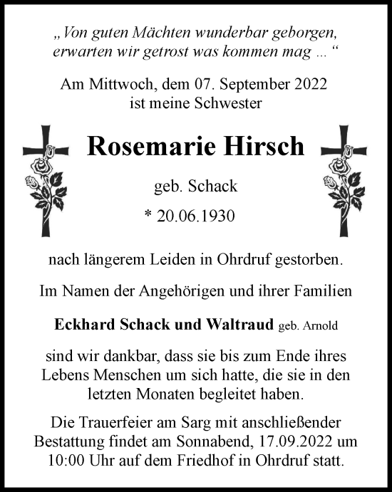 Traueranzeige von Rosemarie Hirsch von Thüringer Allgemeine, Thüringische Landeszeitung