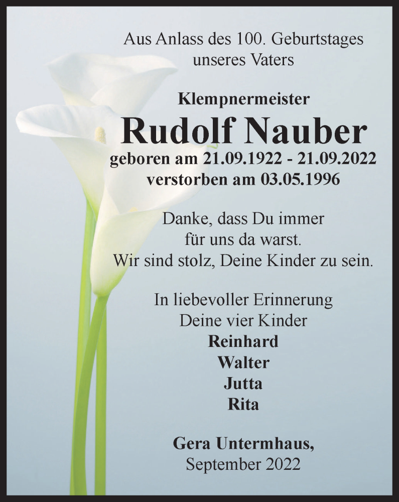  Traueranzeige für Rudolf Nauber vom 21.09.2022 aus Ostthüringer Zeitung