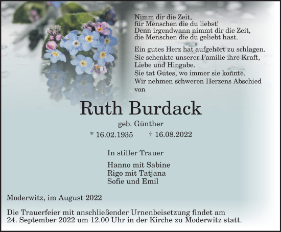 Traueranzeige von Ruth Burdack