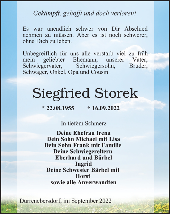 Traueranzeige von Siegfried Storek