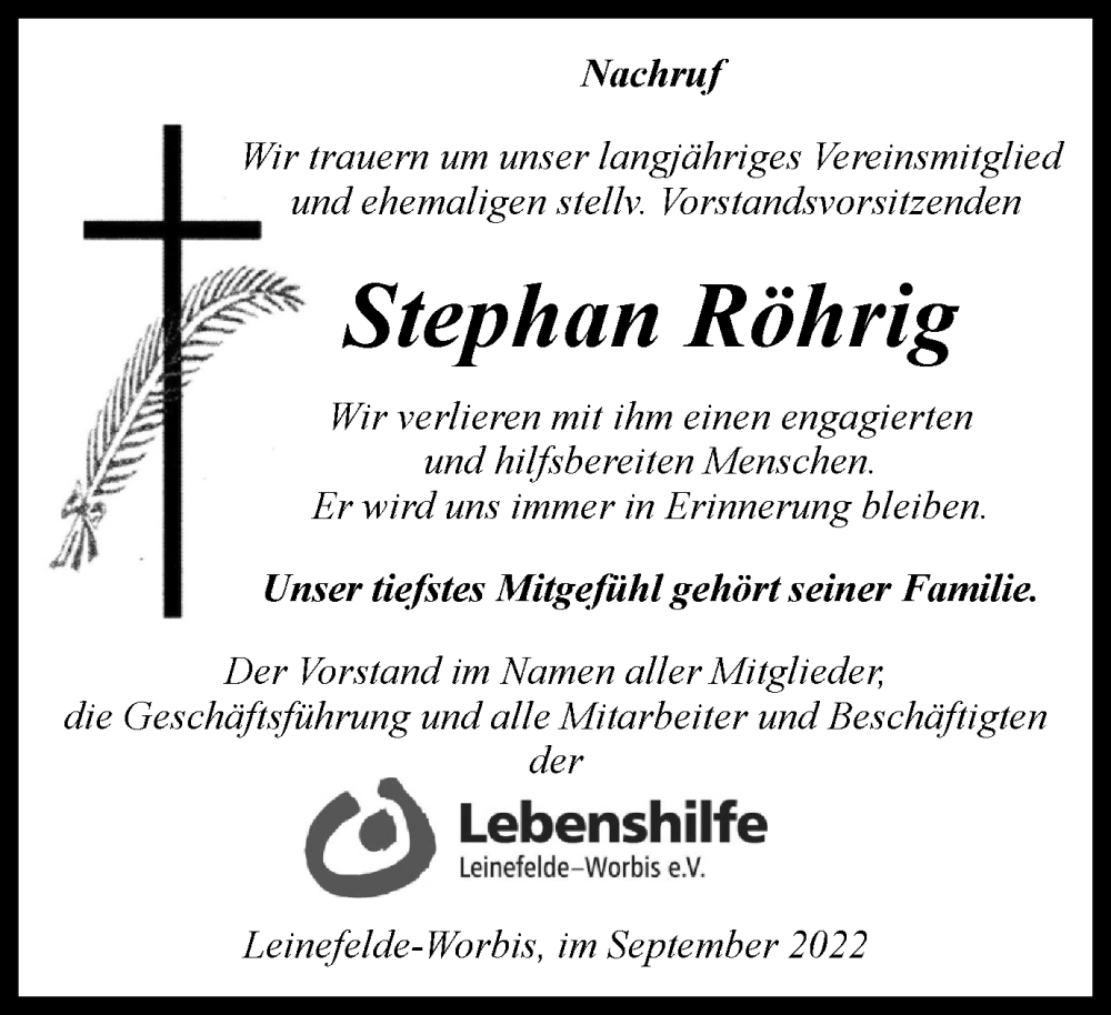  Traueranzeige für Stephan Röhrig vom 14.09.2022 aus Thüringer Allgemeine