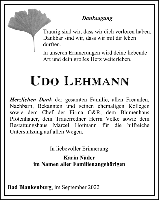 Traueranzeige von Udo Lehmann von Ostthüringer Zeitung