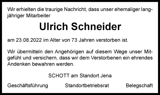 Traueranzeige von Ulrich Schneider von Ostthüringer Zeitung, Thüringische Landeszeitung