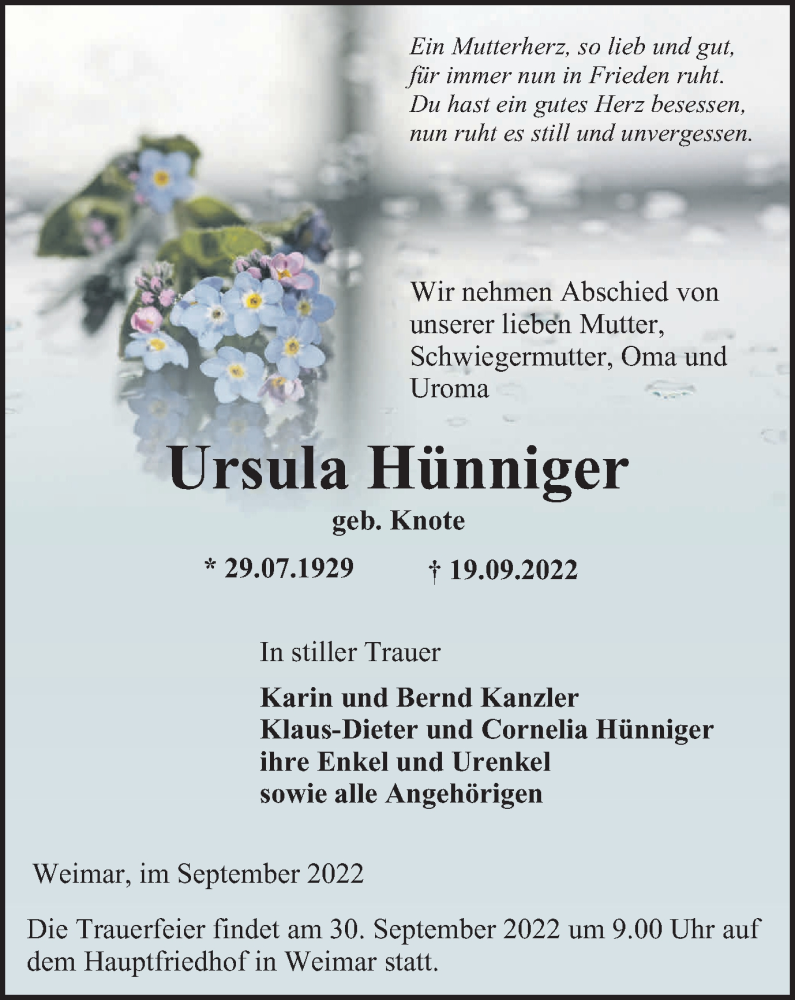  Traueranzeige für Ursula Hünniger vom 24.09.2022 aus Thüringer Allgemeine, Thüringische Landeszeitung