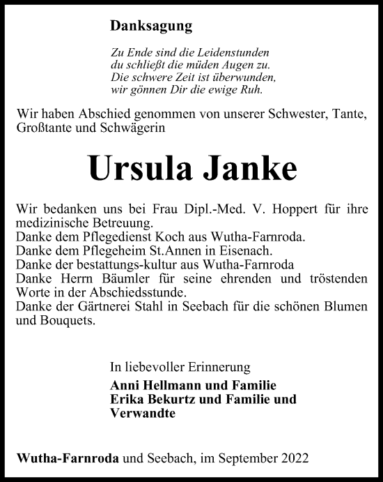 Traueranzeige von Ursula Janke von Thüringer Allgemeine, Thüringische Landeszeitung