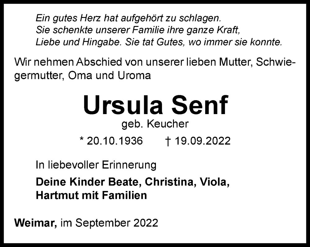  Traueranzeige für Ursula Senf vom 24.09.2022 aus Thüringer Allgemeine, Thüringische Landeszeitung