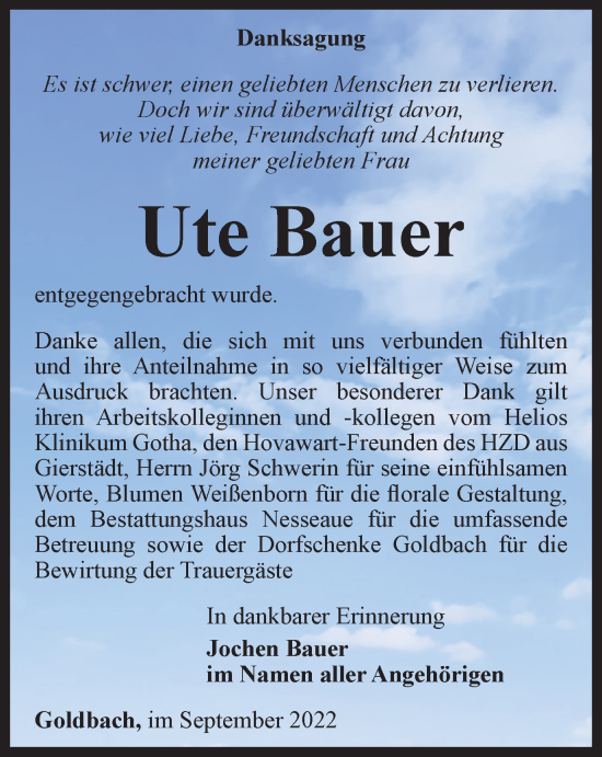 Traueranzeige von Ute Bauer von Thüringer Allgemeine, Thüringische Landeszeitung