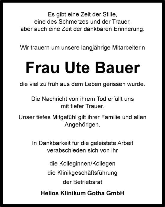 Traueranzeige von Ute Bauer von Thüringer Allgemeine, Thüringische Landeszeitung