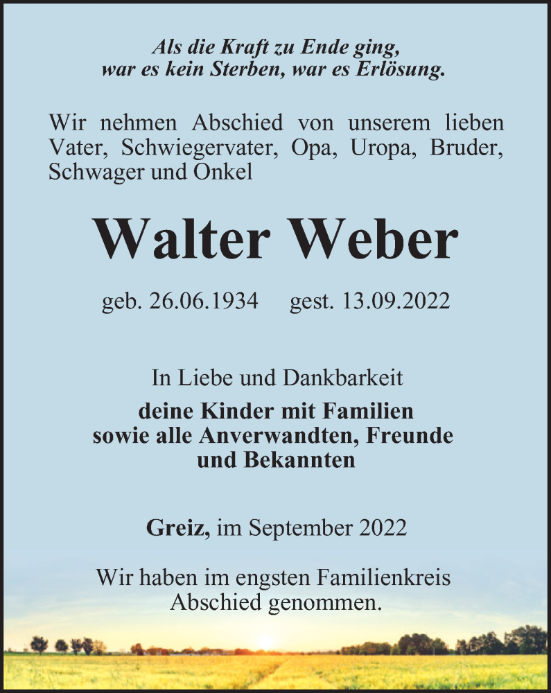 Traueranzeige für Walter Weber vom 16.09.2022 aus Ostthüringer Zeitung