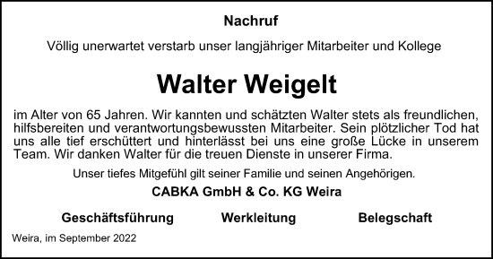 Traueranzeige von Walter Weigelt von Ostthüringer Zeitung