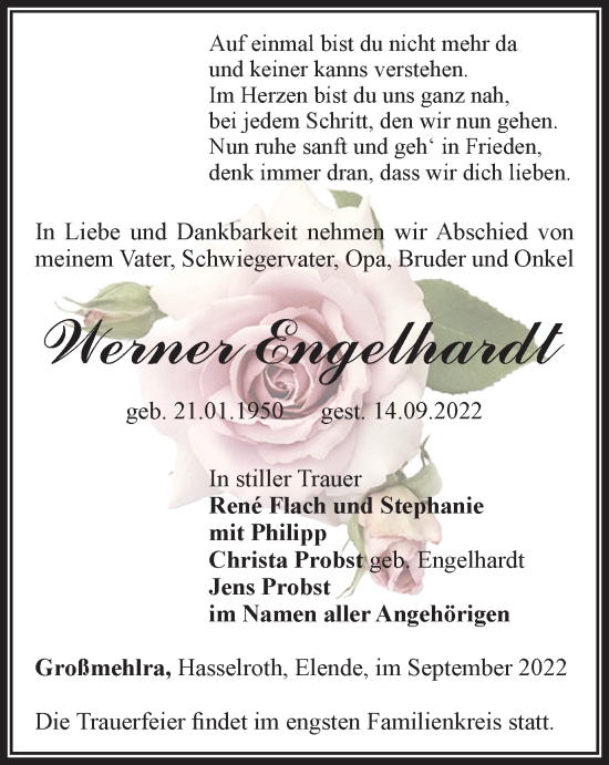 Traueranzeige von Werner Engelhardt von Thüringer Allgemeine, Thüringische Landeszeitung