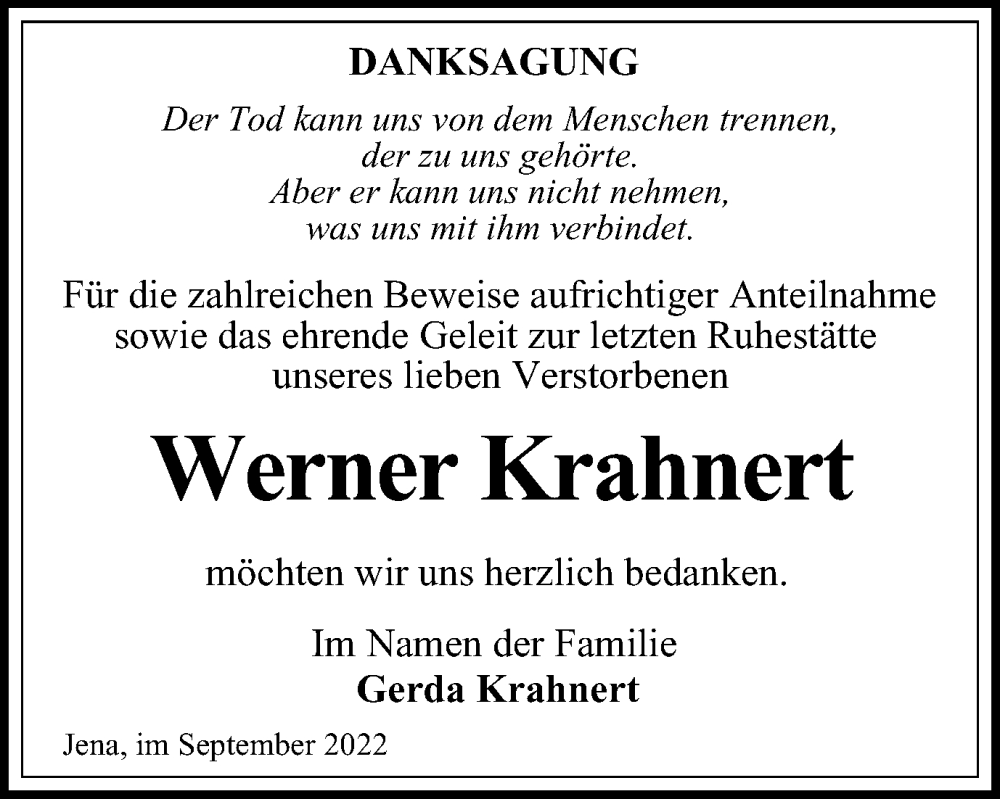  Traueranzeige für Werner Krahnert vom 17.09.2022 aus Ostthüringer Zeitung, Thüringische Landeszeitung